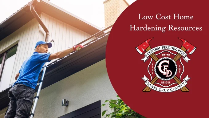 Photo of a man cleaning gutters outside a home. Visit www.centralfiresc.org to learn about low to no cost home hardening resources.