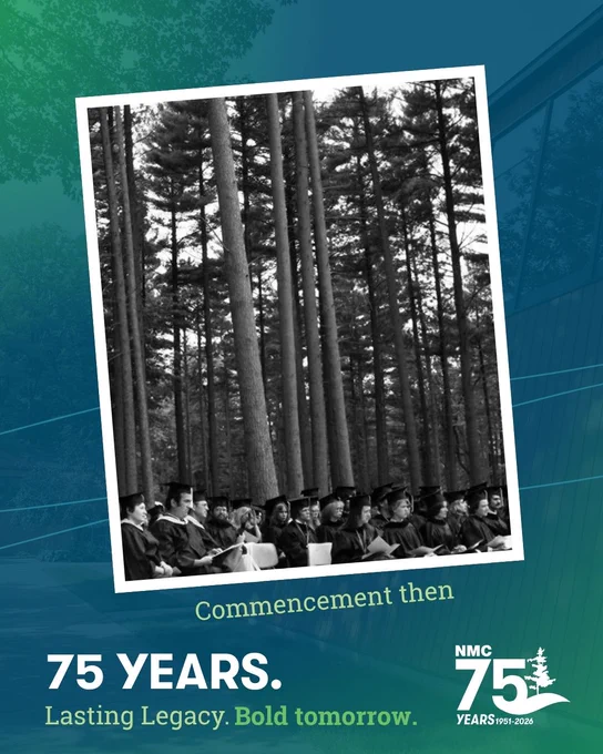 This image shows a historical black and white photo of a graduation ceremony held outdoors among tall trees. Graduates are seated in rows, wearing caps and gowns. Below the photo is a caption that reads "Commencement then." The background features a blue-green gradient design with the text "75 Years. Lasting Legacy. Bold tomorrow." The Northwestern Michigan College (NMC) 75th anniversary logo is also present.