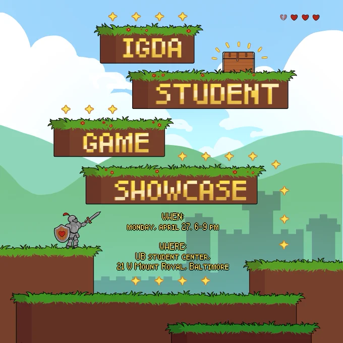 IGDA Studen Showcase Picture advertising the event on Monday April 27th at 6-9pm at the UB Student Center 21 W Mount Royal, Baltimore MD