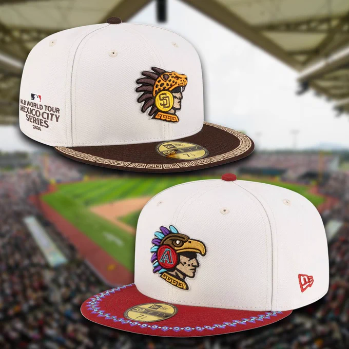 Cutouts of the Padres and D-backs Mexico City New Era fitted caps. Estadio Alfredo Harp Helú can be seen in the background.