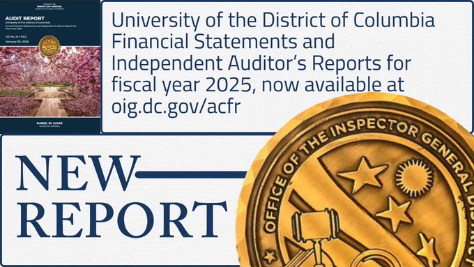 Infographic featuring DC OIG seal, the heading “NEW REPORT,” image of the DC OIG report, and the text: "University of the District of Columbia Financial Statements and Independent Auditor's Reports for fiscal year 2025, now available at oig.dc.gov/acfr"