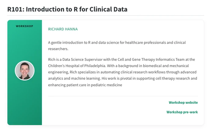 speaker photo and talk overview for Introduction to R for Clinical Data at R/Medicine 2026