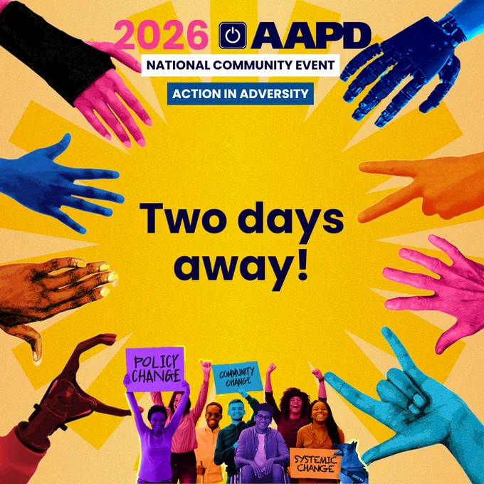 Colorful hands reaching inward around text announcing  that the 2026 AAPD National Community Event is happening in two days.