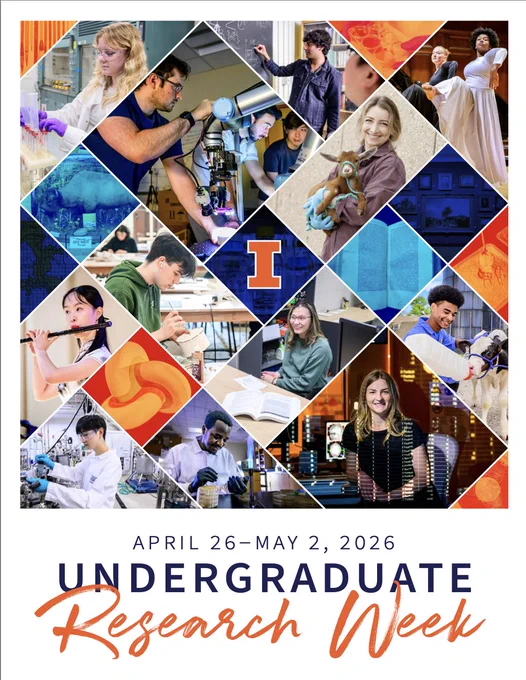 Undergraduate Research Week (April 26-May 2, 2026). Colorful tiles with photos of students performing research, music, and dance.