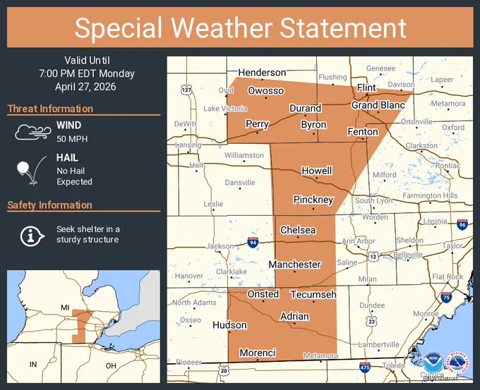 This graphic displays a special weather statement plotted on a map. The statement is in effect until 7:00 PM EDT.  The statement includes Flint MI, Burton MI and  Adrian MI.  SHOWERS WITH GUSTY WINDS WILL IMPACT LENAWEE, NORTHWESTERN OAKLAND, SHIAWASSEE, LIVINGSTON and SOUTHERN GENESEE AND WESTERN WASHTENAW COUNTIES THROUGH 700 PM EDT. The threats associated with this storm are wind gusts up to 50 MPH and no hail is expected. Seek shelter in a sturdy structure until the storm passes.