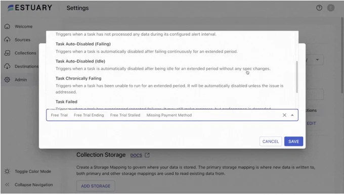 The Estuary UI with a configuration window open to customize alert notifications and subscriptions.
