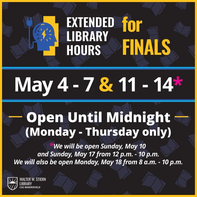 Image text says, "Extended Library Hours for Finals / May 4 - 7 & 11 - 14* / Open until Midnight (Monday - Thursday only) / 
We will be open Sunday, May 10 and Sunday, May 17 from 12 p.m. - 10 p.m. We will also be open Monday, May 18 from 8 a.m. - 10 p.m."