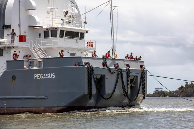 NASA's Pegasus barge in the water preparing to dock at Kennedy Space Center