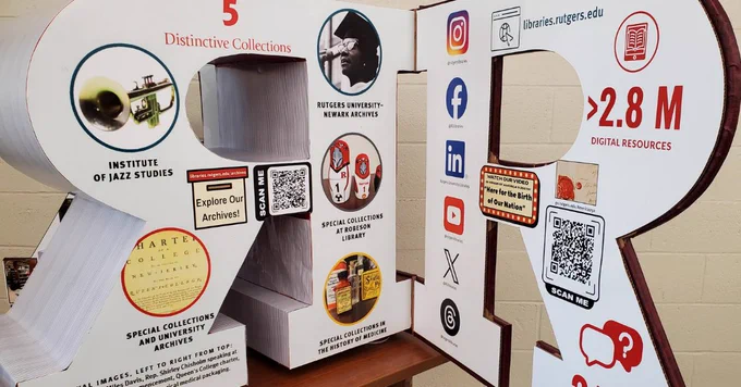 The image features a large, decorative display shaped like the letters "R" and "U" promoting Rutgers University Libraries. The display highlights "5 Distinctive Collections" such as the Institute of Jazz Studies and Special Collections, with QR codes and social media logos. The text mentions over 2.8 million digital resources.