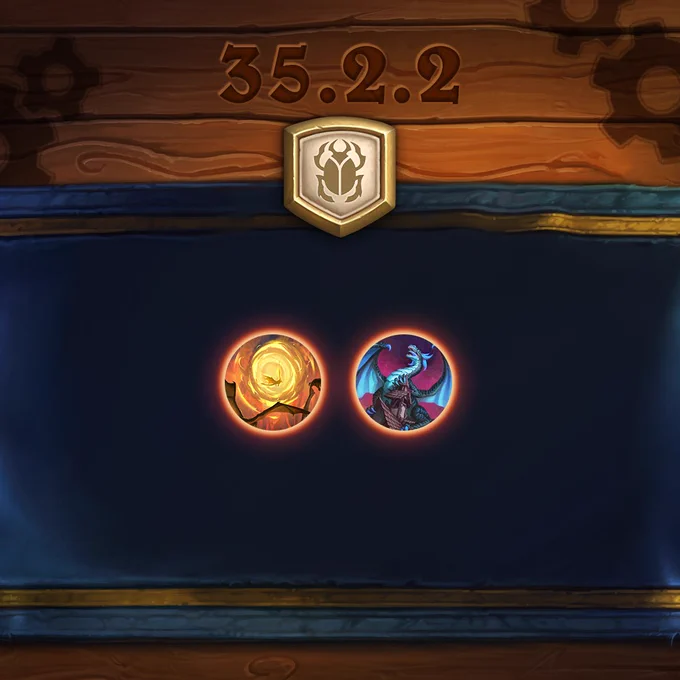 Hearthstone patch 35.2.2 Standard format teaser. The image highlights balance changes, showing nerfs to Flight Maneuvers and Prescient Slitherdrake, displayed as two circular card icons on a blue game board.