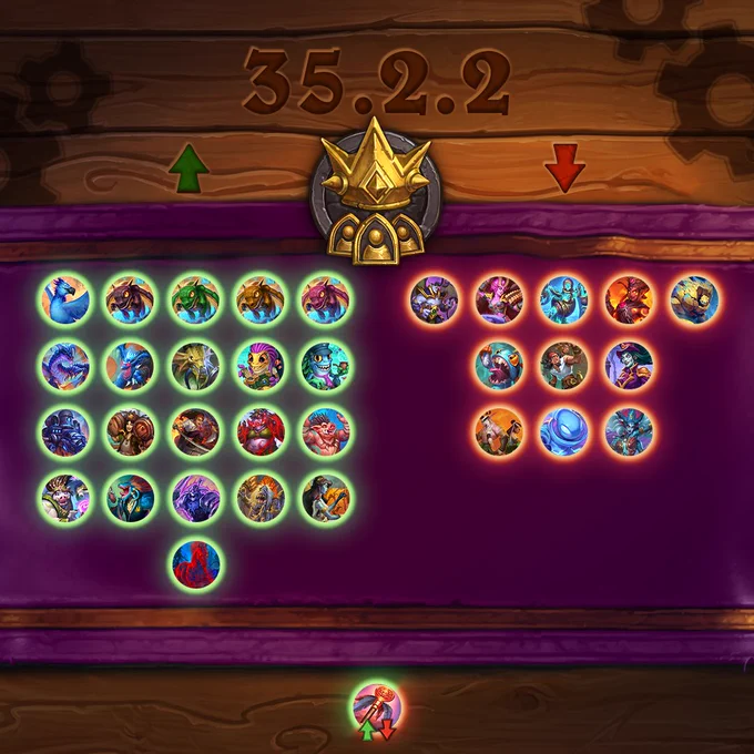 Hearthstone Battlegrounds patch 35.2.2 teaser graphic. A grid of icons shows buffs on the left and nerfs on the right. Buffed minions include Iridescent Skyblazer, Black Chromadrake, Green Chromadrake, Bronze Chromadrake, Red Chromadrake, Twilight Broodmother, Kalecgos Arcane Aspect, Ring Bearer, Mama Mrrglton, Papa Mrrglton,\nMoonsteel Juggernaut, Gunpowder Courier, Dual-Wield Corsair, Redtusk Thornraiser, Hired Ritualist, Darkgaze Elder, Deep Blue Crooner, Eternal Knight, Catacomb Crasher, Forsaken Weaver, Sinrunner Blanchy.\n\nNerfed minions include Void Pup Trainer, Shadowdancer, Waveling, En-Djinn Blazer, Living Azerite, Diremuck Forager, Ship Jumper, Eternal Tycoon, Back to Back, Easterly Winds, Queen's Command.