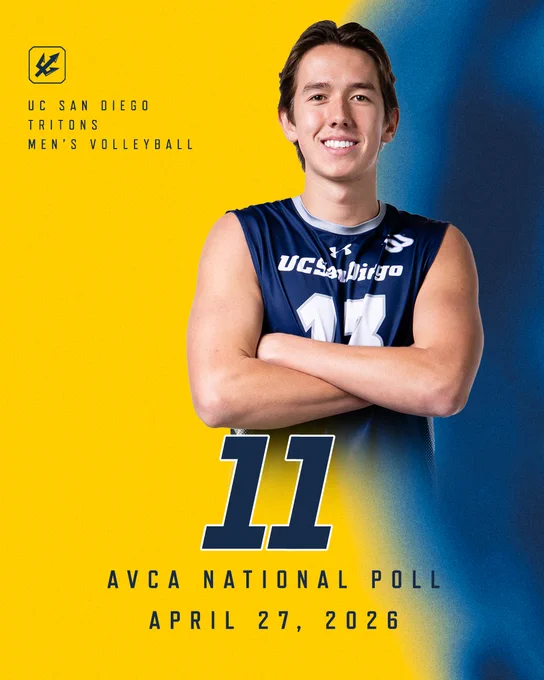 A volleyball player from UC San Diego with arms crossed, wearing a blue jersey. The image includes the text “AVCA National Poll” with an "11" ranking and the date “April 27, 2026.” The background features a blend of blue and yellow colors.
