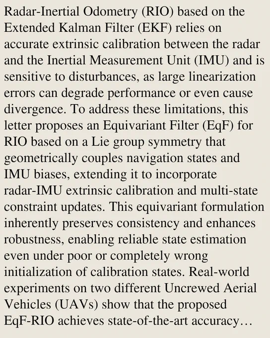 Radar-Inertial Odometry (RIO) based on the Extended Kalman Filter (EKF) relies on accurate extrinsic calibration between the radar and the Inertial Measurement Unit (IMU) and is sensitive to disturbances, as large linearization errors can degrade performance or even cause divergence. To address these limitations, this letter proposes an Equivariant Filter (EqF) for RIO based on a Lie group symmetry that geometrically couples navigation states and IMU biases, extending it to incorporate radar-IMU extrinsic calibration and multi-state constraint updates. This equivariant formulation inherently preserves consistency and enhances robustness, enabling reliable state estimation even under poor or completely wrong initialization of calibration states. Real-world experiments on two different Uncrewed Aerial Vehicles (UAVs) show that the proposed EqF-RIO achieves state-of-the-art accuracy under correct extrinsic calibration and offers improved convergence under large calibration errors, where t