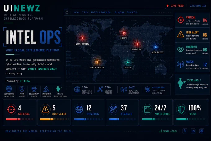 Your global intelligence operations centre. INTEL OPS tracks live geopolitical flashpoints, cyber warfare, biosecurity threats, and sanctions - with India's strategic angle on every story. Powered by UI NEWZ.
