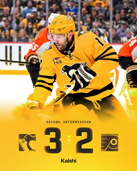 Score graphic with photo of Bryan Rust and text that shows the Penguins are up 3-2 vs. the Flyers after two periods.