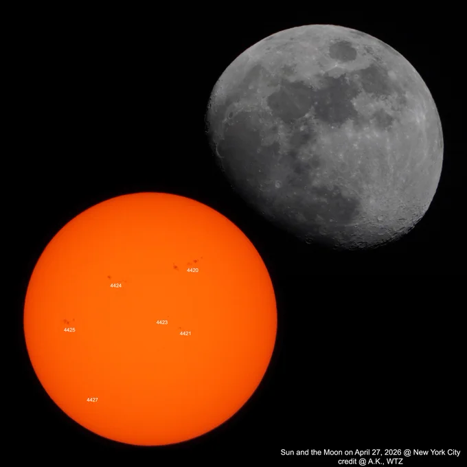 Sun and Moon today as seen from Manhattan, New York City on  April 27, 2026 by WorldTimeZone.com 

#todaymoon
#moon
#sunspots 
#sun
#todaysun 
#newyorkcity 
#Manhattan
