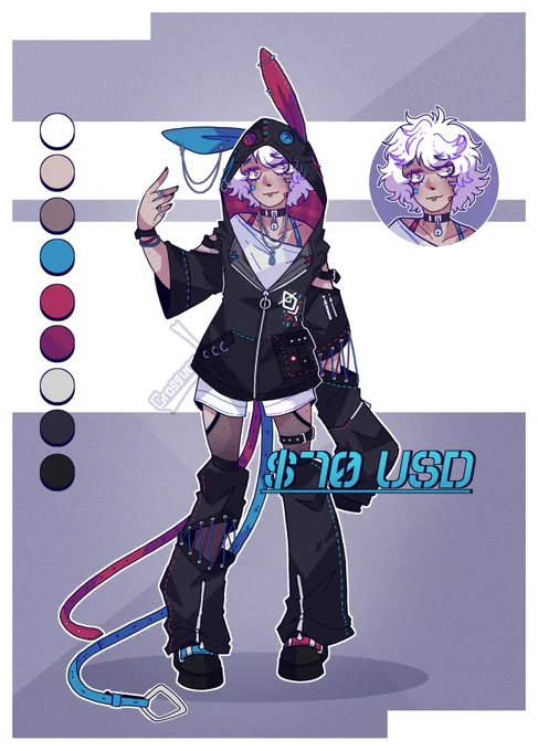 A digital illustration of a human design with white hair. But they have a black bunny hoodie with two different colors throughout it, which seems to be red and blue. There's also a plaid design on the inside of the hood. They have white shorts with black leg warmers, with one being held together with string. They also have two long belts connected to a waist belt that's dragging along the ground as if they're tails.