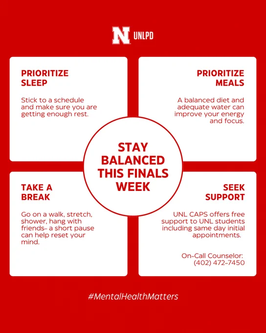 Red and white UNLPD graphic promoting mental health during finals week. The center reads “Stay Balanced This Finals Week.” Four surrounding sections include tips: “Prioritize Sleep” (stick to a schedule and get enough rest), “Prioritize Meals” (eat a balanced diet and stay hydrated), “Take a Break” (walk, stretch, shower, or spend time with friends), and “Seek Support” (UNL CAPS offers free support, including same-day appointments, with an on-call counselor phone number listed). The hashtag #MentalHealthMatters appears at the bottom.