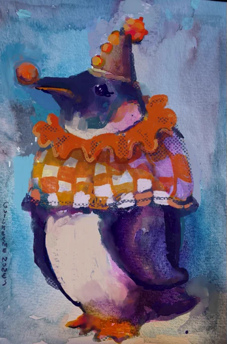 painting of a penguin dressed as a clown