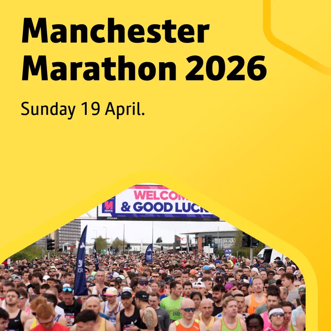 Picture of runners participating in the Manchester Marathon. Text: Manchester Marathon 2026.