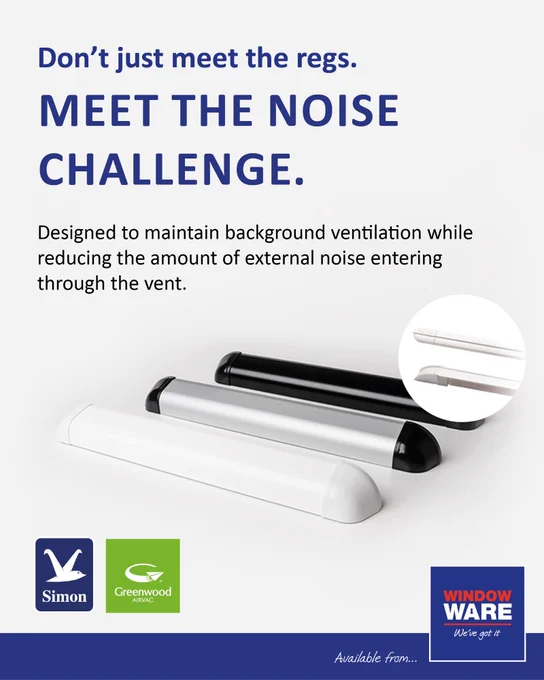 Three sleek acoustic trickle vents in white, black, and silver designed to reduce external noise while maintaining airflow.
