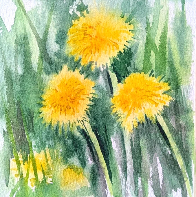 A watercolor painting of three bright yellow dandelions against a soft green leafy background.