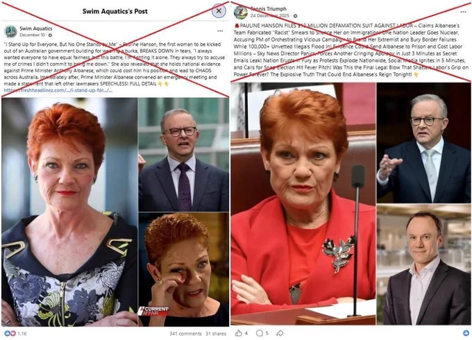 Two screenshots of Facebook posts sharing photos of men and women in formal attire, with red crosses over the captions