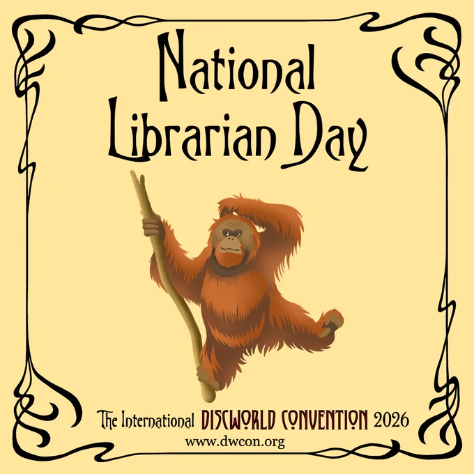 Pale yellow square background with black art nouveau border and text reading "National Librarian Day".  Below it sits a watercolour painting of an orangutan climbing a tree branch