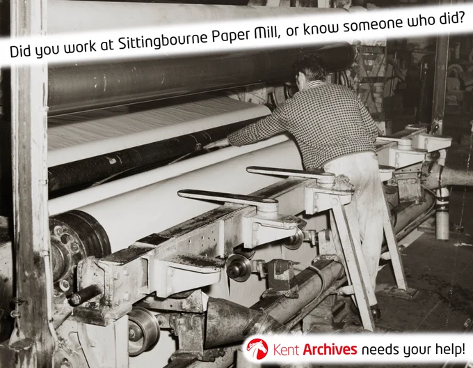 Image: a man operates a machine comprising large rollers at Sittingbourne Paper Mill (Bowaters), 26th November 1973.

Following the success of our event last October aiming to enhance our cataloguing of the Sittingbourne Paper Mill collection, Kent Archives is returning to Sittingbourne Library on Friday 24th April, 11am - 4:30pm.

Former employees and anyone interested in the history of the mill are warmly invited to join us and view a display of historical photographs and documents. Maybe you can identify members of staff, or recognise different types of machinery? Impart your knowledge to our team – we'd love to hear from you!

We're also keen to capture your memories of the mill through oral history interviews, if you might like to take part. We might not have time or resources to interview you during the event but hope to come back at a later date to complete this.

If you would like to give an interview, please email our engagement officer, Mark Bateson: mark.bateson@kent.gov.uk