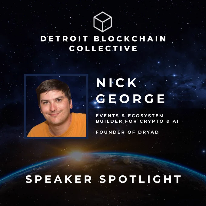 Speaker spotlight image showing a photo of a man with an orange t-shirt, smiling. The background is a starry sky and a planet can be seen at the bottom. Black and midnight blue colors.