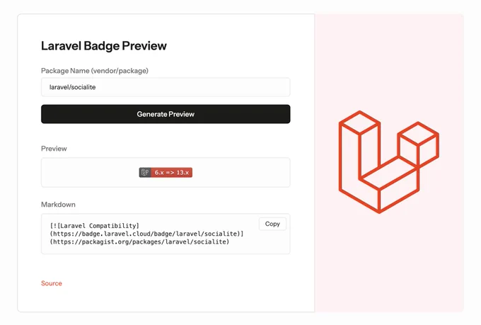 A Laravel badge preview tool is displayed, with input for package name and a generated compatibility badge on the left, featuring the Laravel logo.