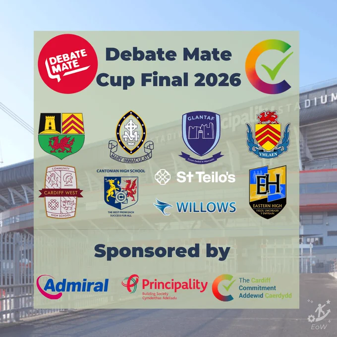 Debate Mate Cup Final 2026 poster featuring school crests and sponsors, with a stadium background.