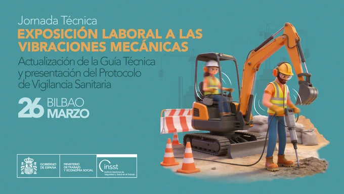 Imagen de la jornada con título de la misma, lugar y una ilustración de personas trabajadoras, una conduciendo una carretilla elevadora y otra con un martillo neumático. La ilustración representa el movimiento causado por las vibraciones.