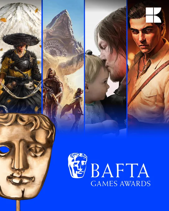 BAFTA Games Awards poster showing four vertical game scenes, a gold BAFTA mask and the BAFTA Games Awards logo.