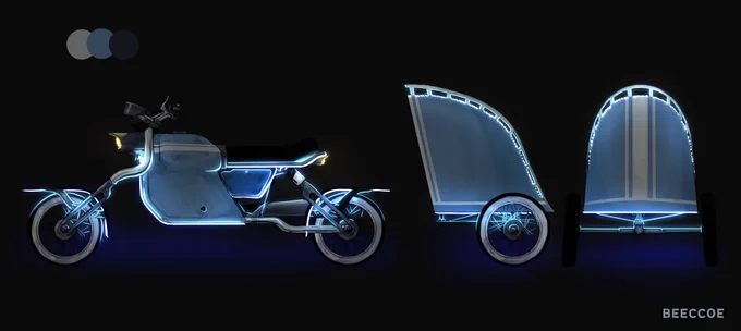 Concept art of a motorcycle chariot at night with lights on.