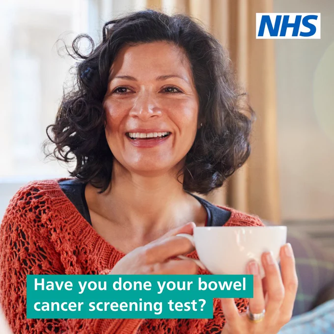 Woman smiling while holding a mug, with text asking about bowel cancer screening.