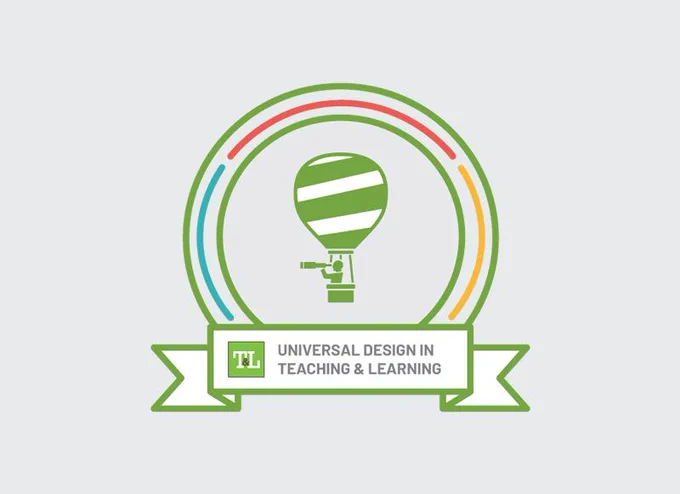 Universal Design in Teaching and Learning badge with green hot air balloon and multicolour arc.