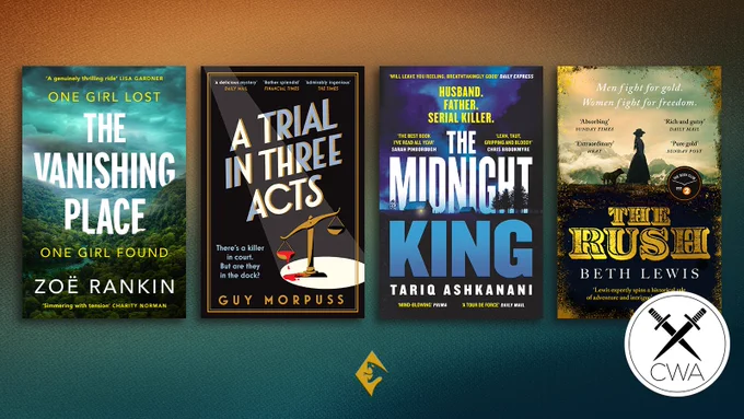 A promotional graphic featuring four books. From left to right the books are The Vanishing Place by Zoe Rankin, A Trial in Three Acts by Guy Morpuss, The Midnight King by Tariq Ashkanani and The Rush by Beth Lewis. The books are on a blue to orange gradient background with a gold Viper logo centred underneath and a CWA roundel in the bottom right-hand corner.