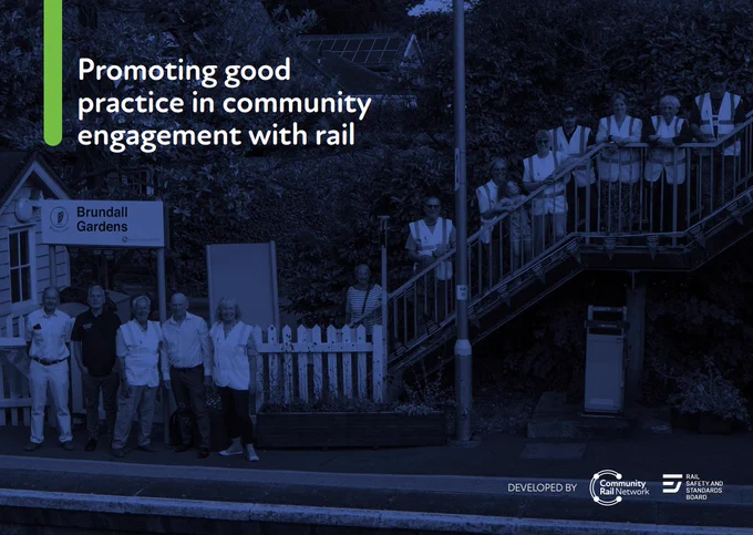 Image showing the front cover of the resource document. Text reads: "Promoting good practice in community engagement with rail. Developed by Community Rail Network and the Rail Safety and Standards Board." The photo shows a large group of volunteers on the platform at Brundall Gardens Station.