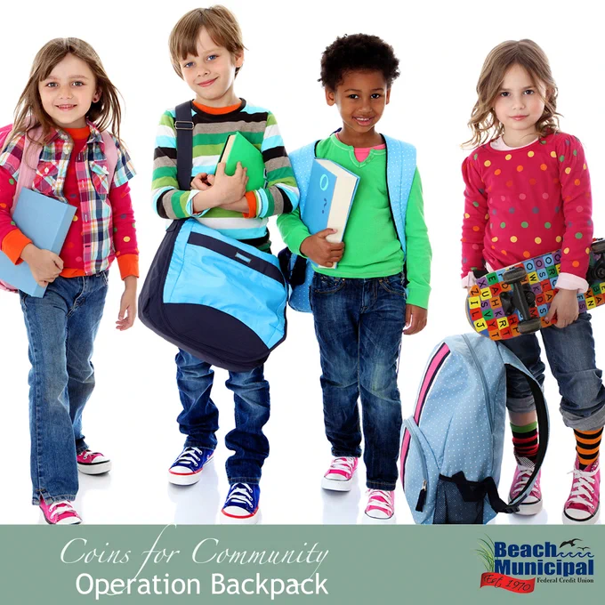 Four diverse children standing with backpacks and school supplies, ready for school or a community event.
