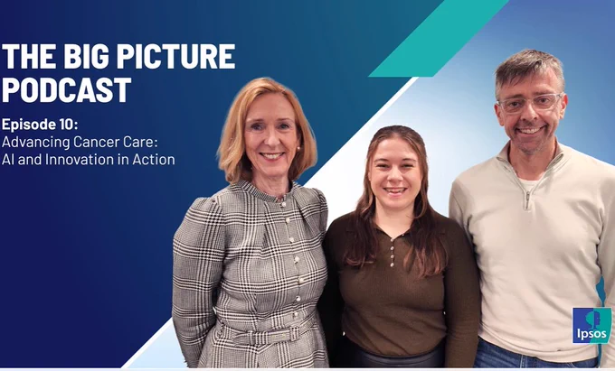 A photo of three people together, with two women on the left and a man on the right, with a blue patterned background and the title "The Big Picture Podcast".