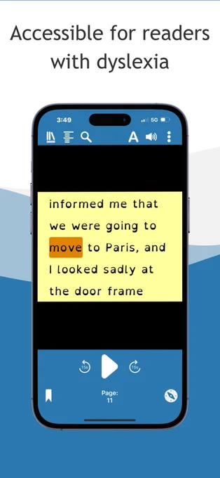 EasyReader on a mobile phone showing text with a yellow background, orange highlighted work and black bars above and below the active text to keep it in focus.
