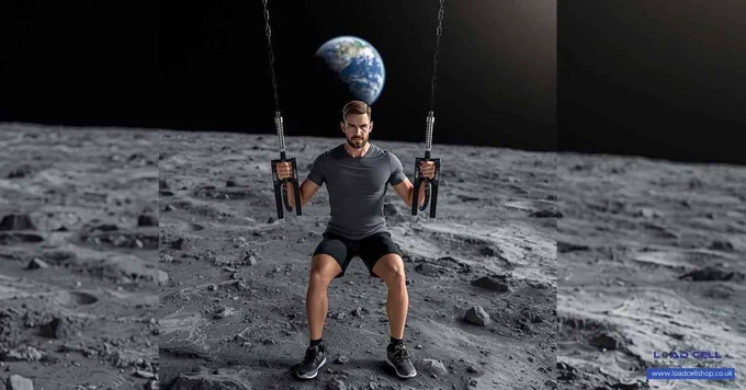 A man in sportswear sits on a swing anchored to the lunar surface, with the Earth visible in the dark sky behind him. The scene evokes exercise in space, as he rests above the grey, rocky moon landscape stretching out beneath his feet.