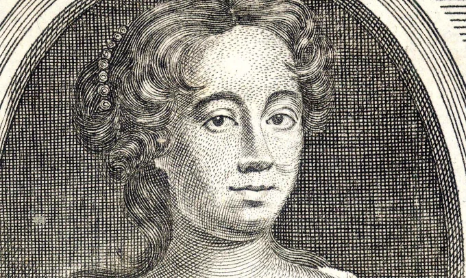 An intricate engraved portrait of Aphra Behn with softly curled hair and a calm expression, set against a patterned background. The style is historical, reminiscent of classic banknote or book illustration engravings.