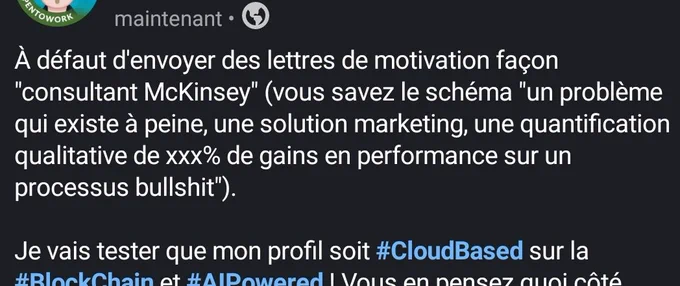 À défaut d'envoyer des lettres de motivation façon "consultant McKinsey" (vous savez le schéma "un problème qui existe à peine, une solution marketing, une quantification qualitative de xxx% de gains en performance sur un processus bullshit"). 

Je vais tester que mon profil soit #CloudBased sur la #BlockChain et #AIPowered ! Vous en pensez quoi côté #Recrutement et #RH ?

https://www.linkedin.com/posts/gabriel-chandesris_cloudbased-blockchain-aipowered-ugcPost-7450500990471933952-PQQN