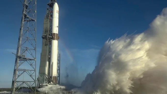 The New Glenn rocket at Launch Complex 36 during integrated vehicle hotfire.