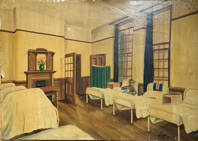 Oil painting by Sgt Pickering, Ward F2. Cream painted beds on a wooden floor, one bed is occupied. A fireplace, decorated with a vase of flowers and tall windows can be seen to the left and behind the patient in bed.
Painted during his time at the hospital. No information about Sgt Pickering so do get in touch if you can help

Thank you