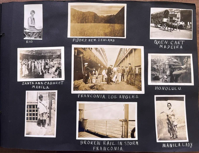 A page from a photograph album with nine snapshots from the 1920s. They are labelled Rio; Fjord, New Zealand; Oxen cart, Madeira; Santa Ana Cabaret, Manila; Franconia, Los Angeles; Honolulu; Broken rail in storm, Franconia [ship]; Manila lady.