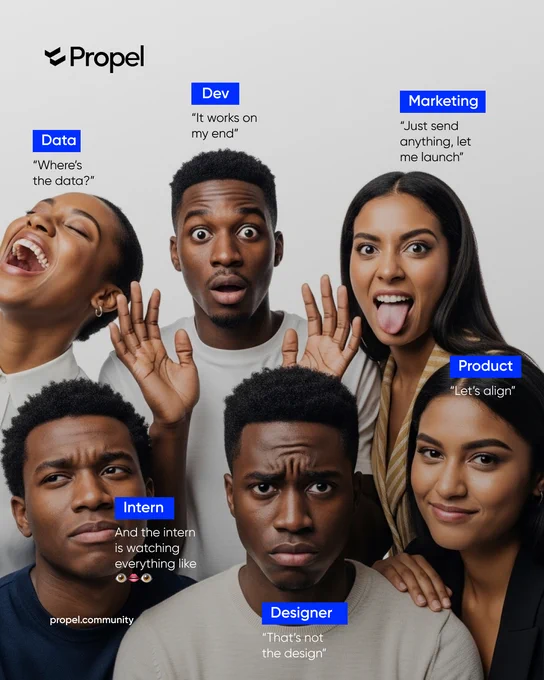 The image contains different character expressions. The data lady asking where the data is. The dev claiming it works on their end, the designer screaming about wrong design, the PM calling another alignment meeting. Marketing asking for anything just to launch, all while the intern watches confused. And somehow, we still ship 😂.