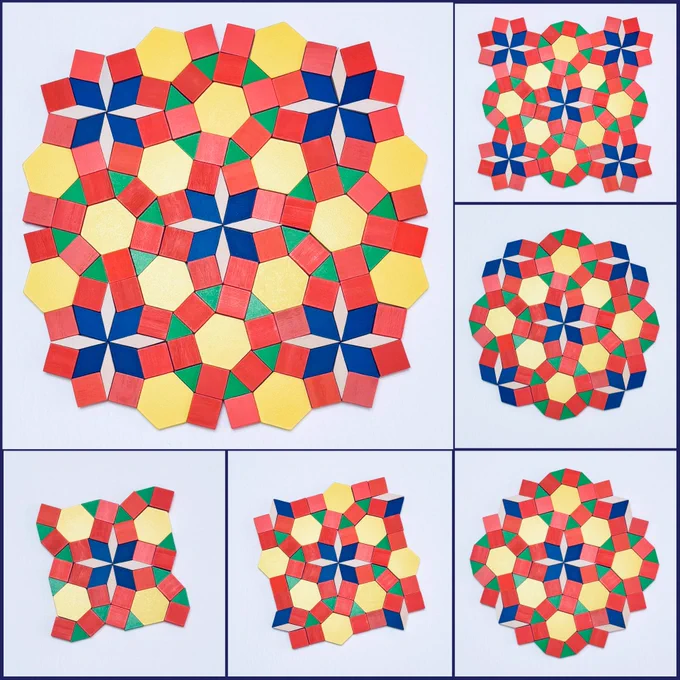 The top left main image shows a square-like geometric design created with pattern blocks. At the center (and in the four corners) are flower-like arrangements made of four blue and four tan rhombuses surrounded by eight orange squares. Around the central design are four dodecagons, each made of one yellow hexagon, six green triangles, and six orange squares. The images along the bottom and on the right show the progression of the design.